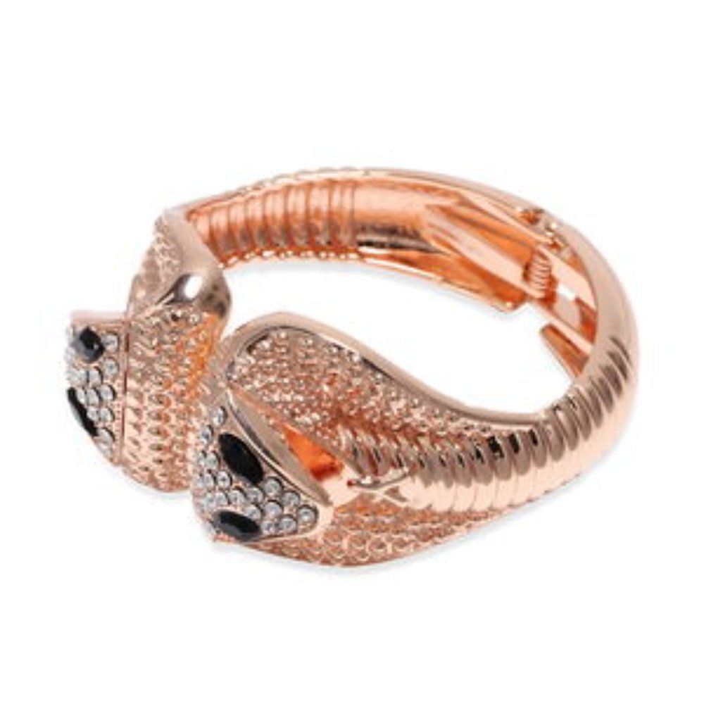 Black Resin, White Austrian Crystal Creature Bangle Bracelet in Rosetone…